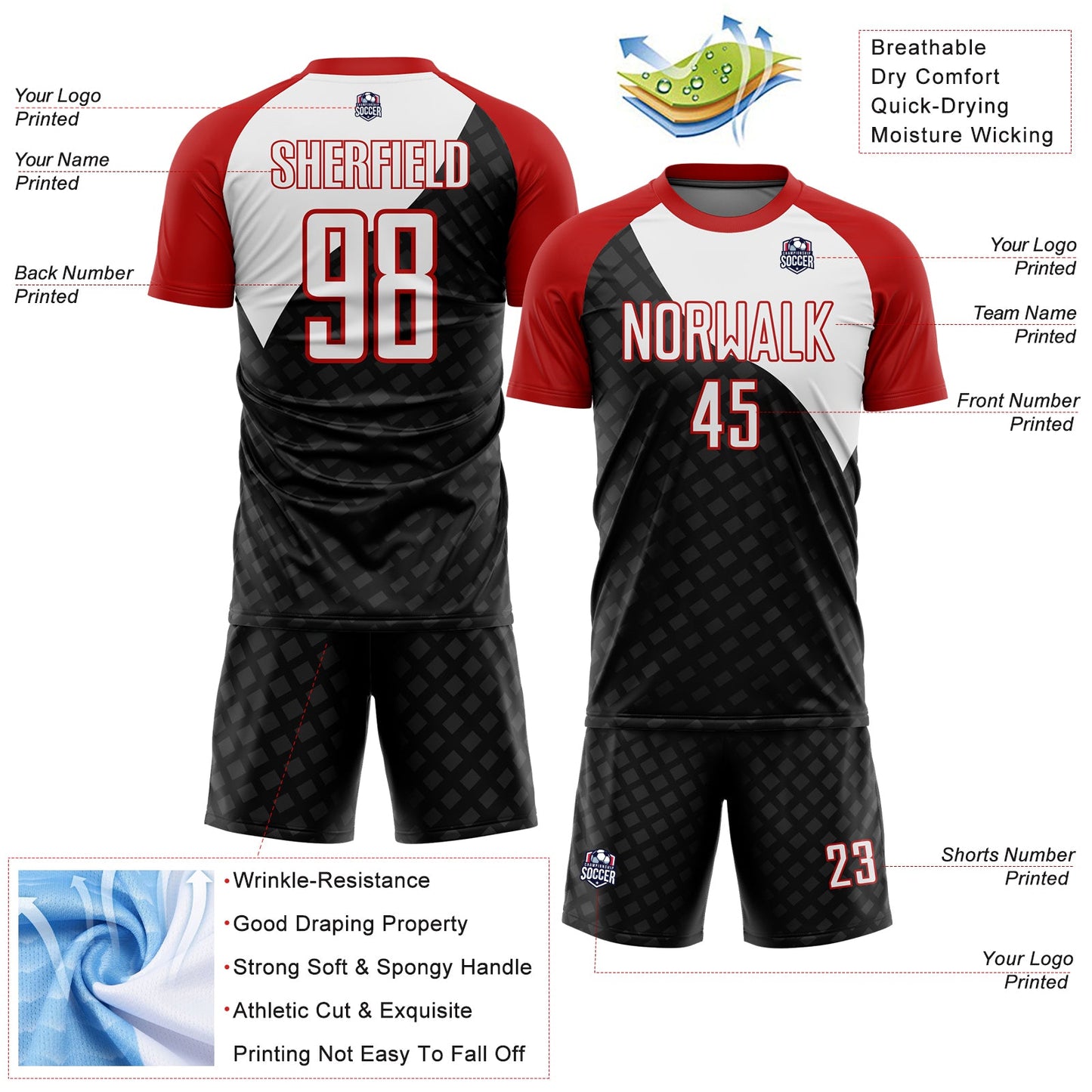 Custom Black White-Red Curve Lines Sublimation Soccer Uniform Jersey - Sky-Custom