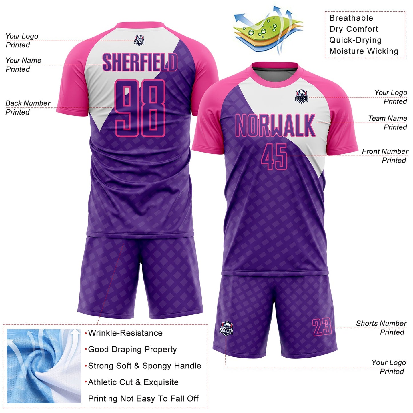 Custom Purple Pink-White Curve Lines Sublimation Soccer Uniform Jersey - Sky-Custom