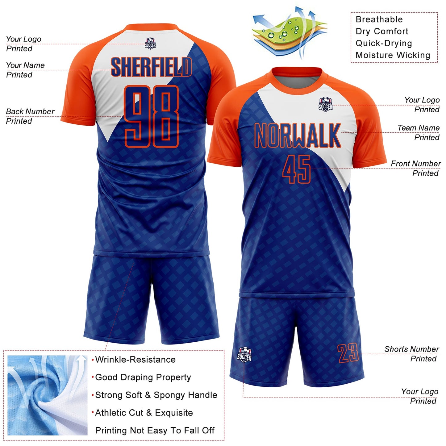 Custom Royal Orange-White Curve Lines Sublimation Soccer Uniform Jersey - Sky-Custom