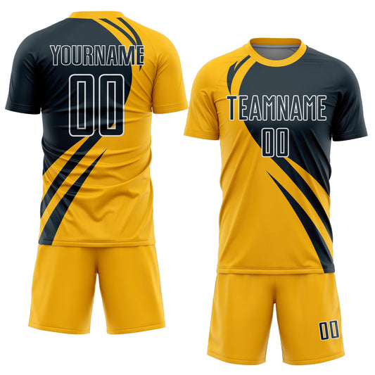Custom Gold Navy-White Curve Lines Sublimation Soccer Uniform Jersey - Sky-Custom
