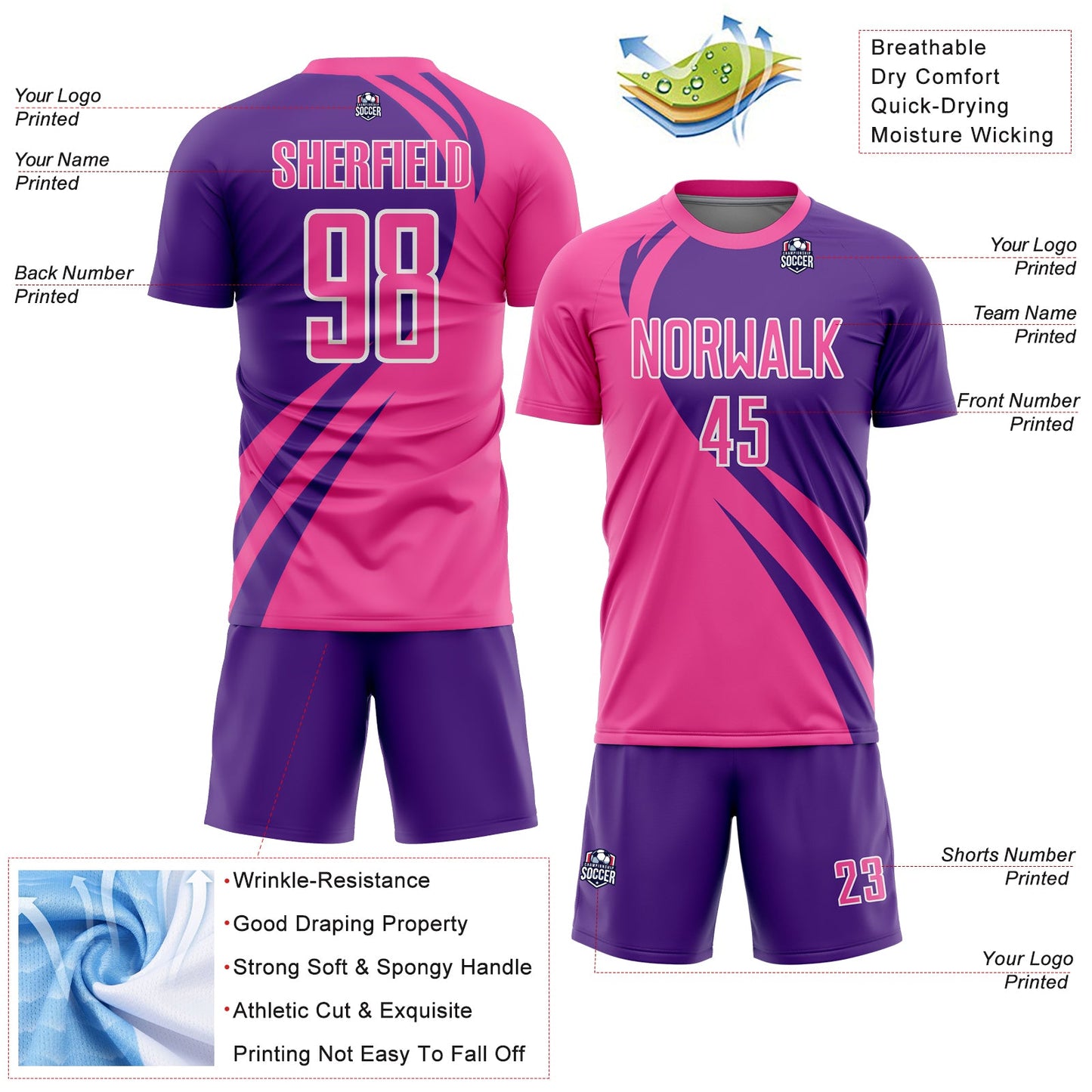 Custom Pink Purple-White Curve Lines Sublimation Soccer Uniform Jersey - Sky-Custom