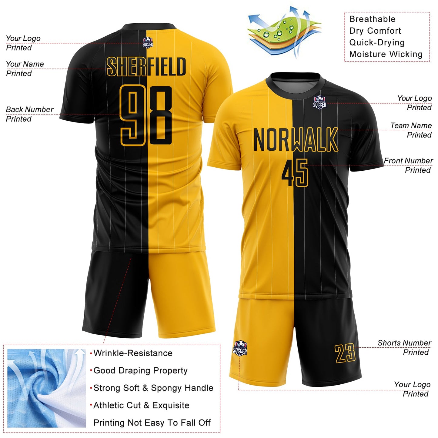 Custom Gold Black Pinstripe Split Fashion Sublimation Soccer Uniform Jersey - Sky-Custom
