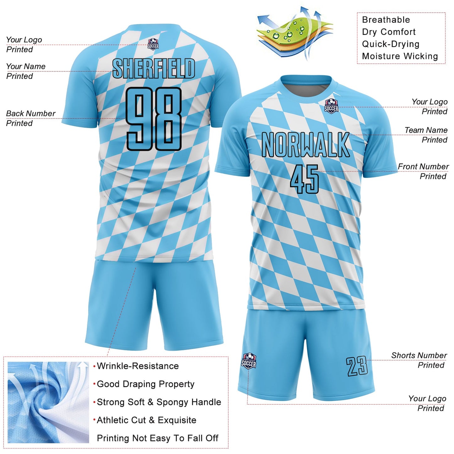 Custom White Sky Blue-Black Bavarian Flag Sublimation Soccer Uniform Jersey - Sky-Custom