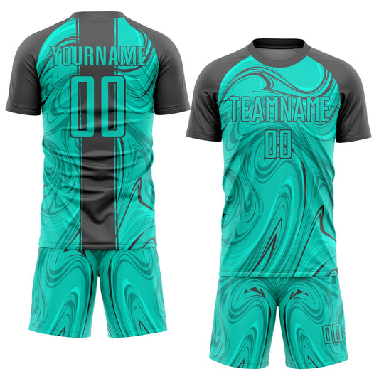 Custom Aqua Steel Gray Abstract Fluid Sublimation Soccer Uniform Jersey - Sky-Custom