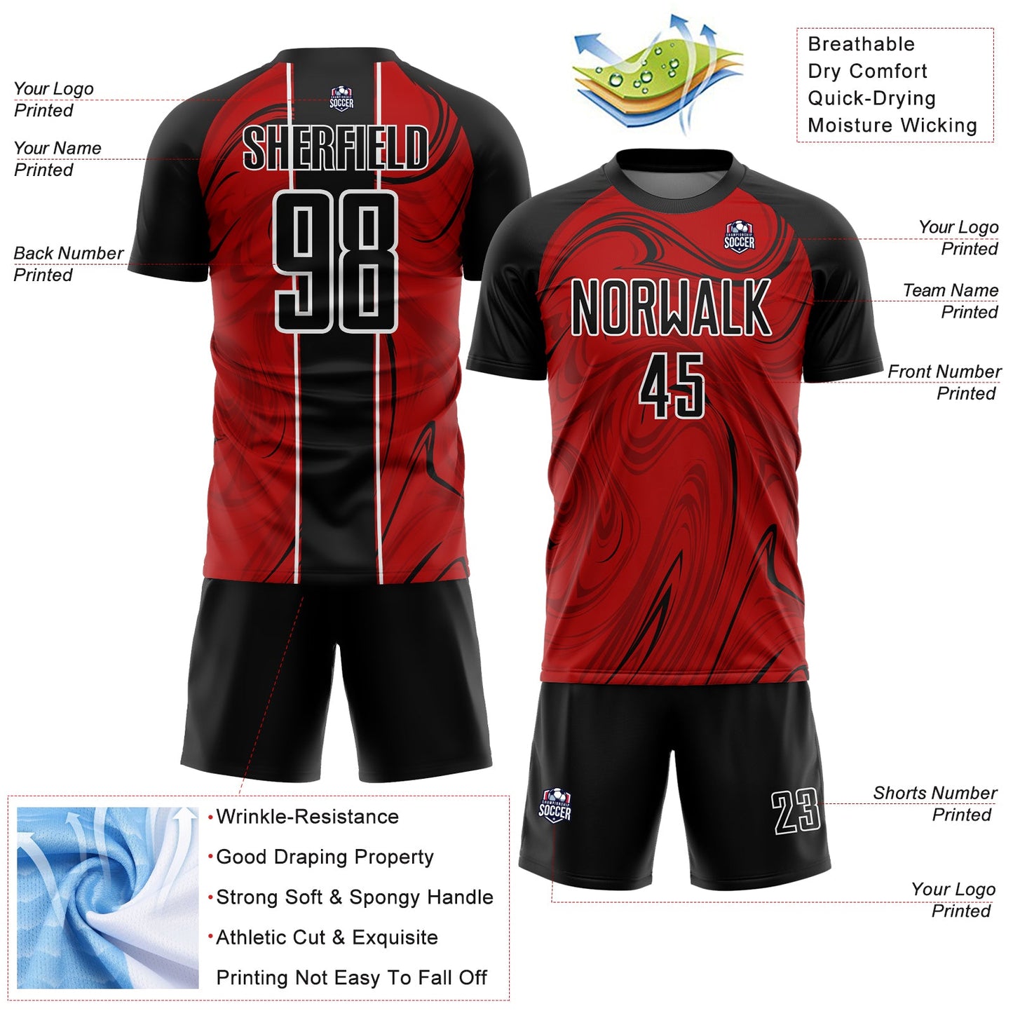 Custom Red Black-White Abstract Fluid Sublimation Soccer Uniform Jersey - Sky-Custom