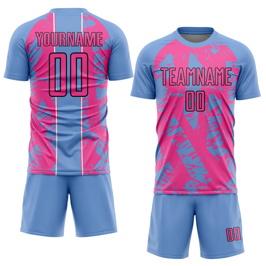 Custom Light Blue Pink-White Irregular Shapes Sublimation Soccer Uniform Jersey - Sky-Custom