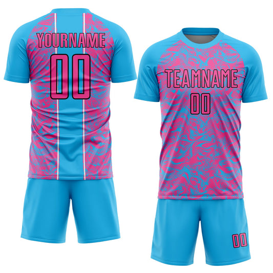 Custom Sky Blue Pink-Black Abstract Fluid Sublimation Soccer Uniform Jersey - Sky-Custom