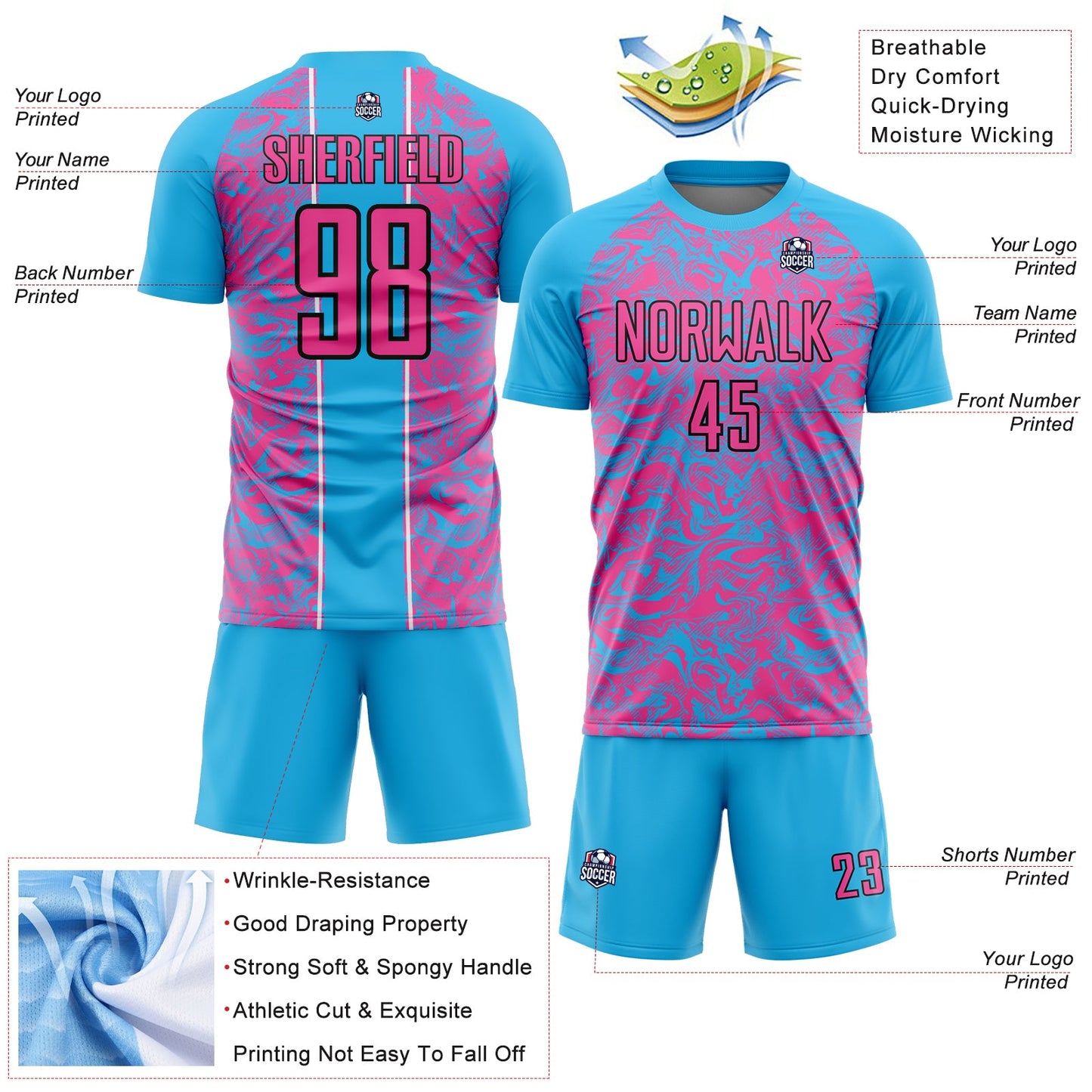Custom Sky Blue Pink-Black Abstract Fluid Sublimation Soccer Uniform Jersey - Sky-Custom