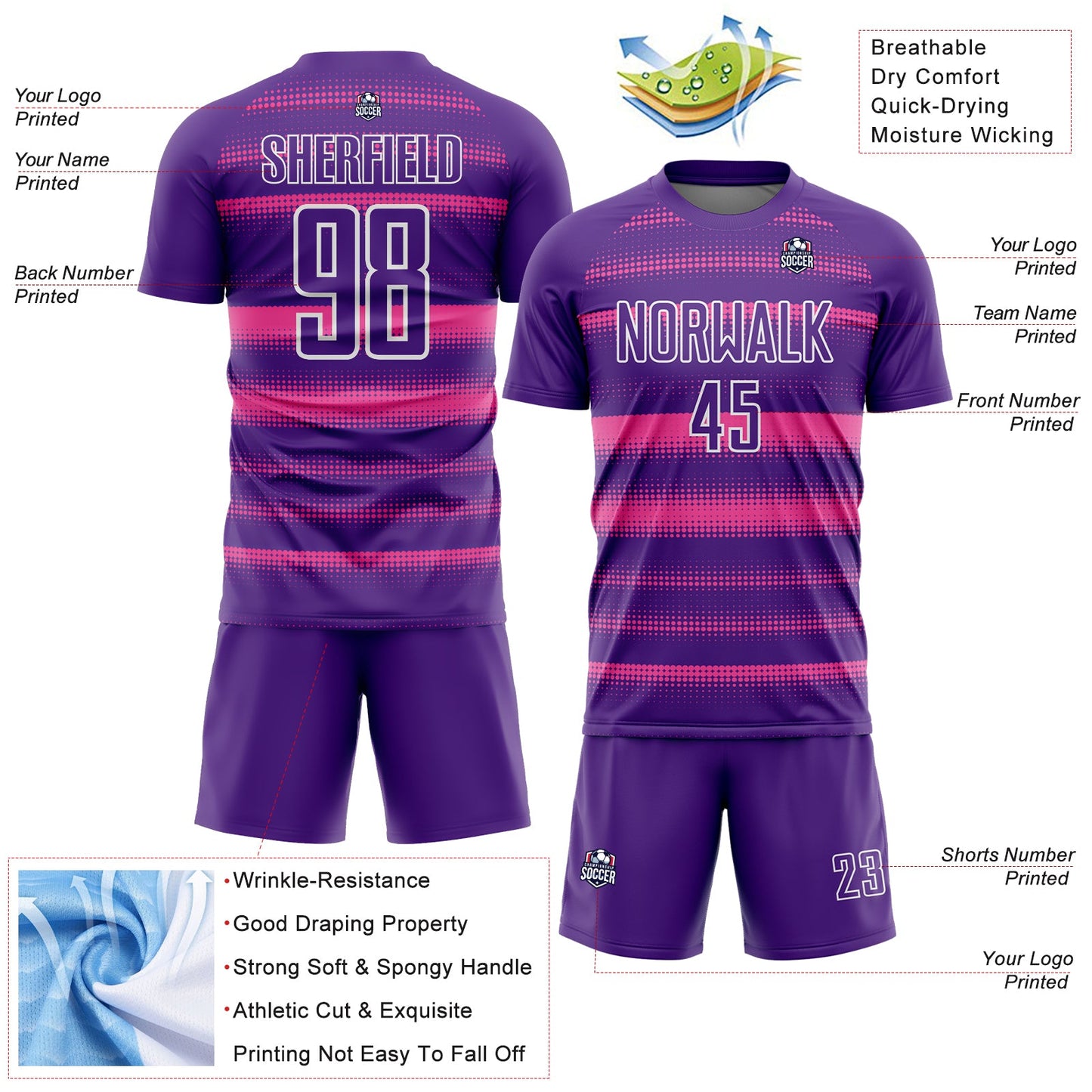 Custom Purple Pink-White Halftone Dots Sublimation Soccer Uniform Jersey - Sky-Custom