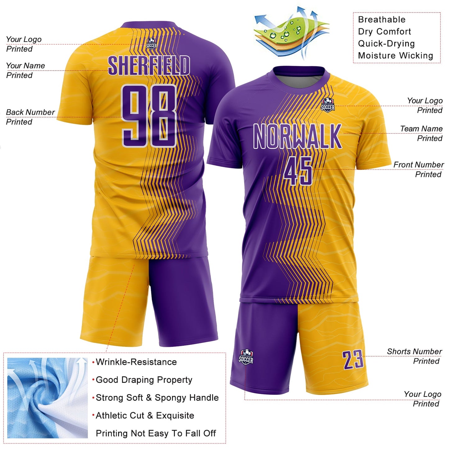 Custom Gold Purple-White Gradient Arrow Sublimation Soccer Uniform Jersey - Sky-Custom
