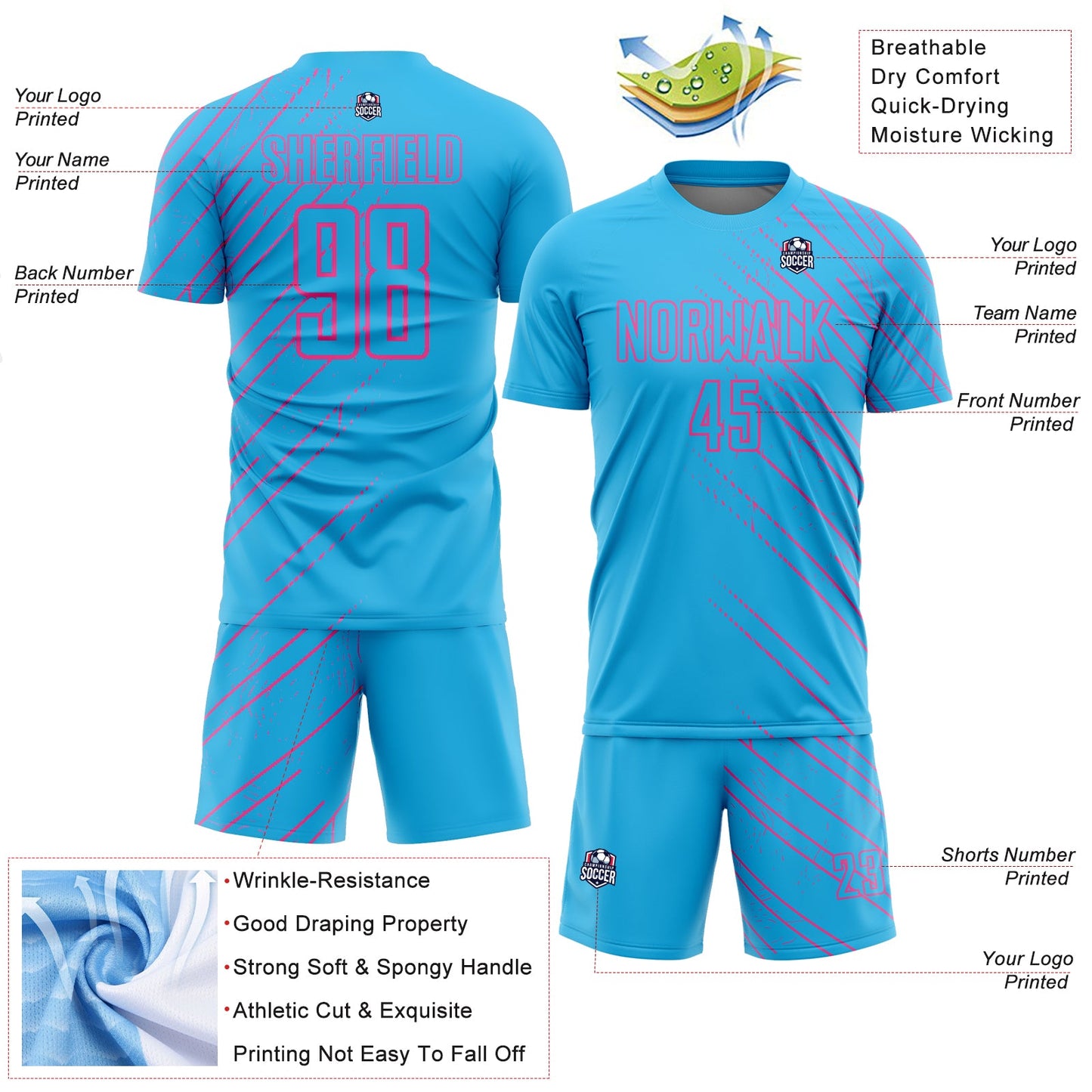 Custom Sky Blue Pink Lines Sublimation Soccer Uniform Jersey - Sky-Custom