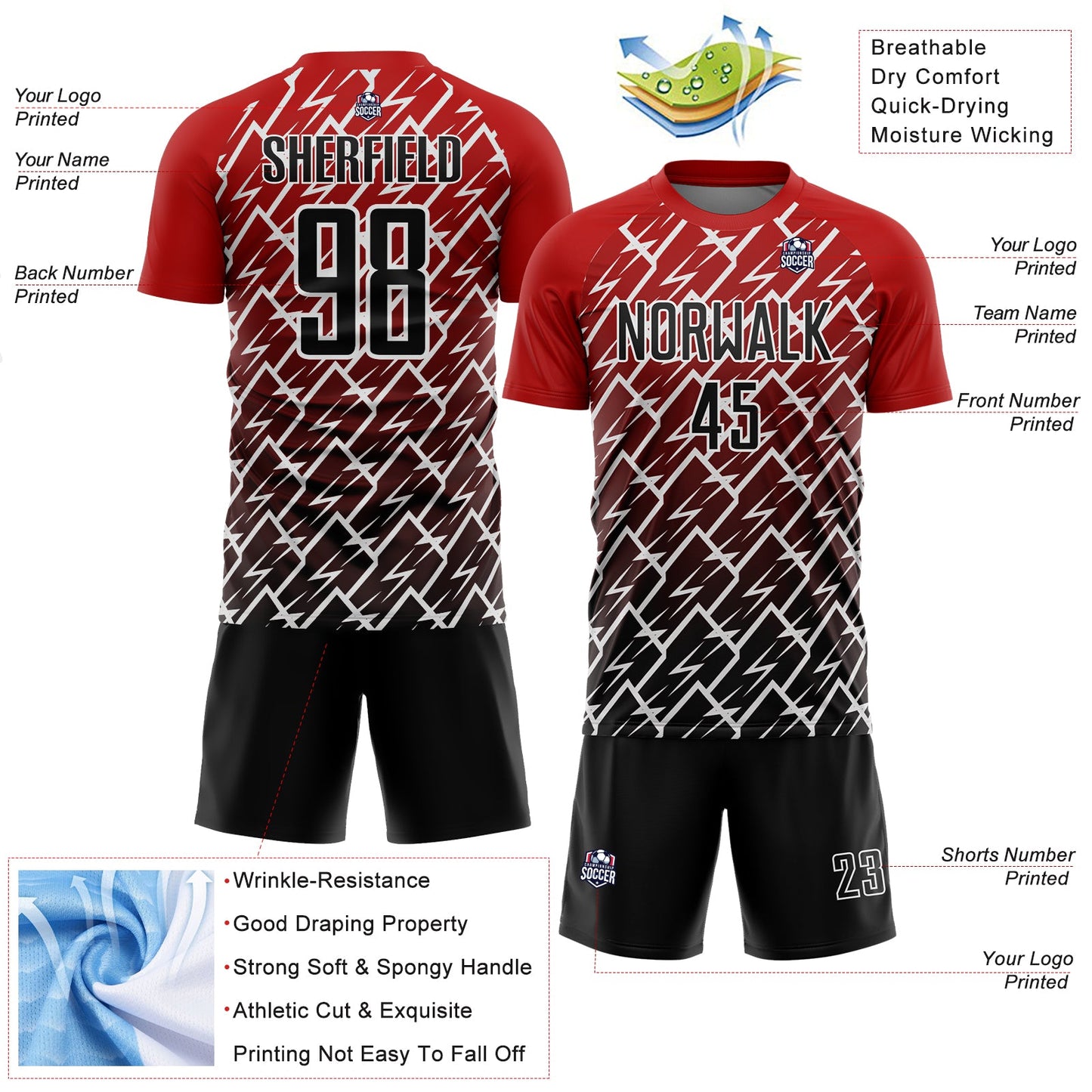 Custom Red Black-White Lightning Sublimation Soccer Uniform Jersey - Sky-Custom