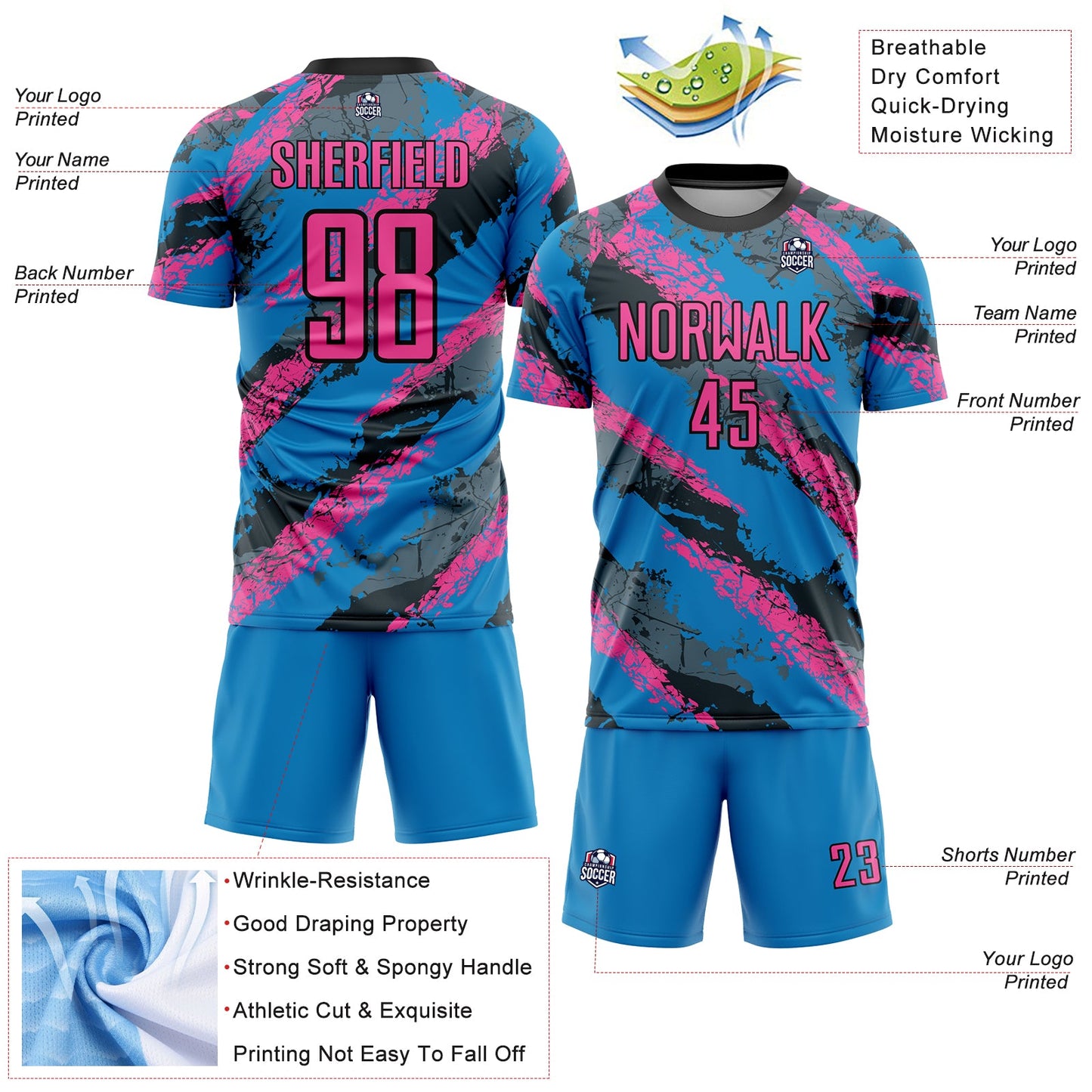 Custom Powder Blue Pink-White Sublimation Soccer Uniform Jersey - Sky-Custom