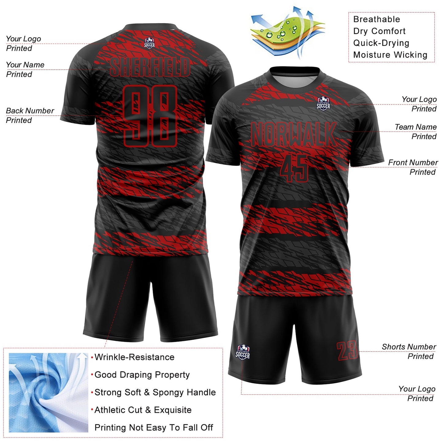 Custom Black Red Sublimation Soccer Uniform Jersey - Sky-Custom