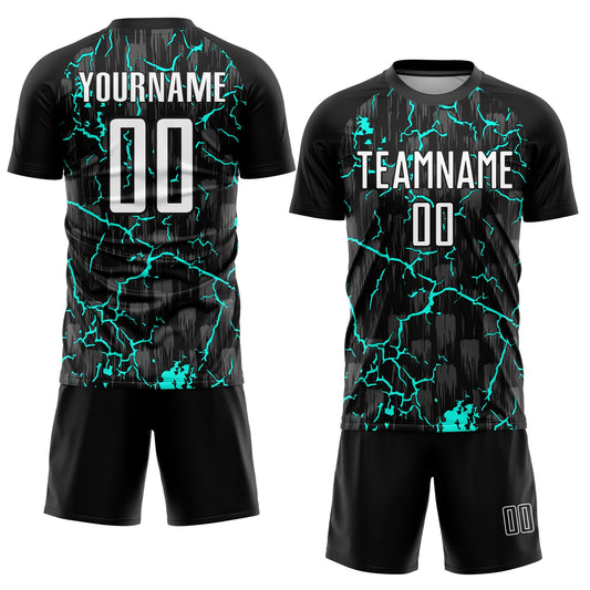 Custom Black White-Aqua Lightning Sublimation Soccer Uniform Jersey - Sky-Custom