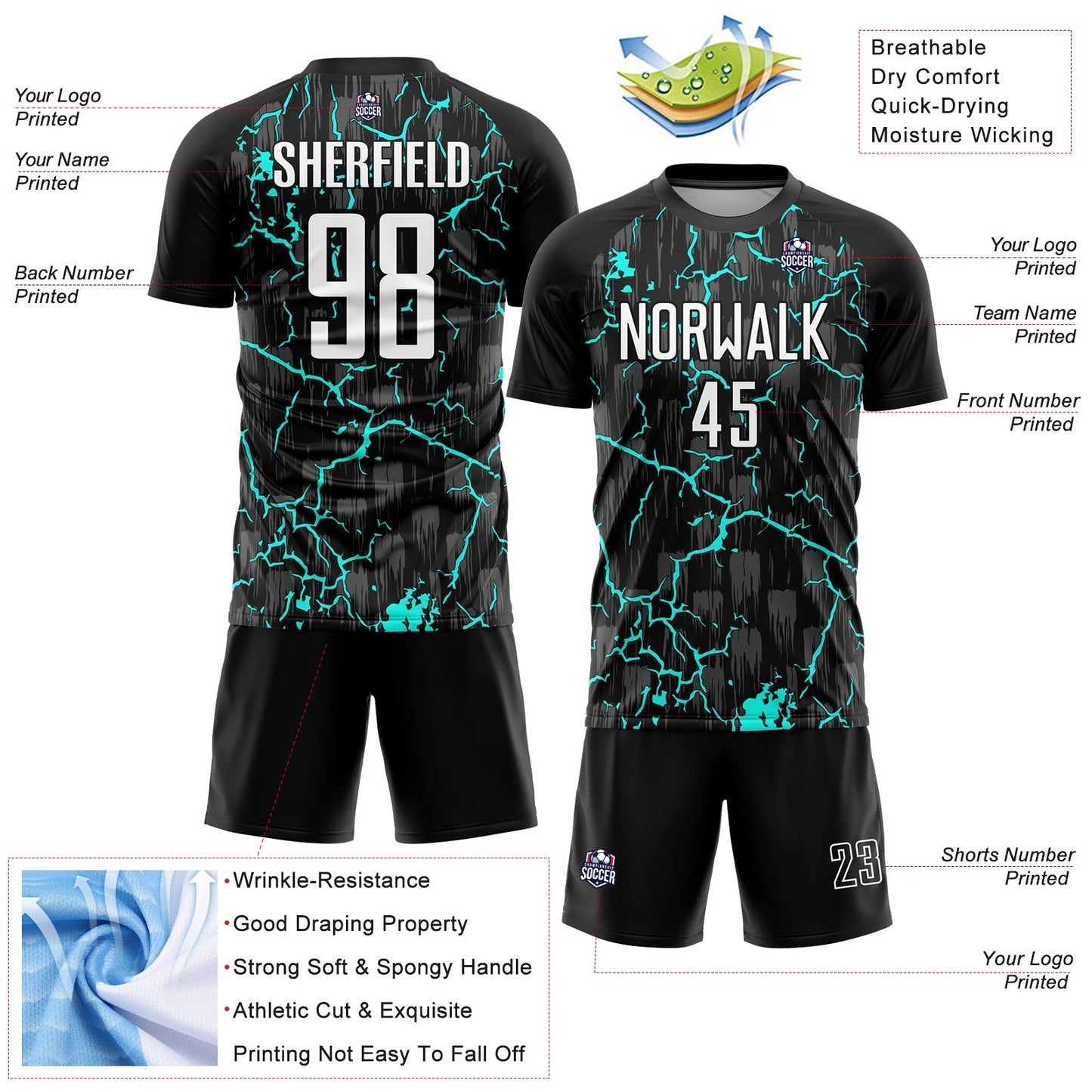 Custom Black White-Aqua Lightning Sublimation Soccer Uniform Jersey - Sky-Custom