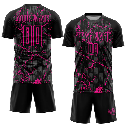 Custom Black Deep Pink Lightning Sublimation Soccer Uniform Jersey - Sky-Custom