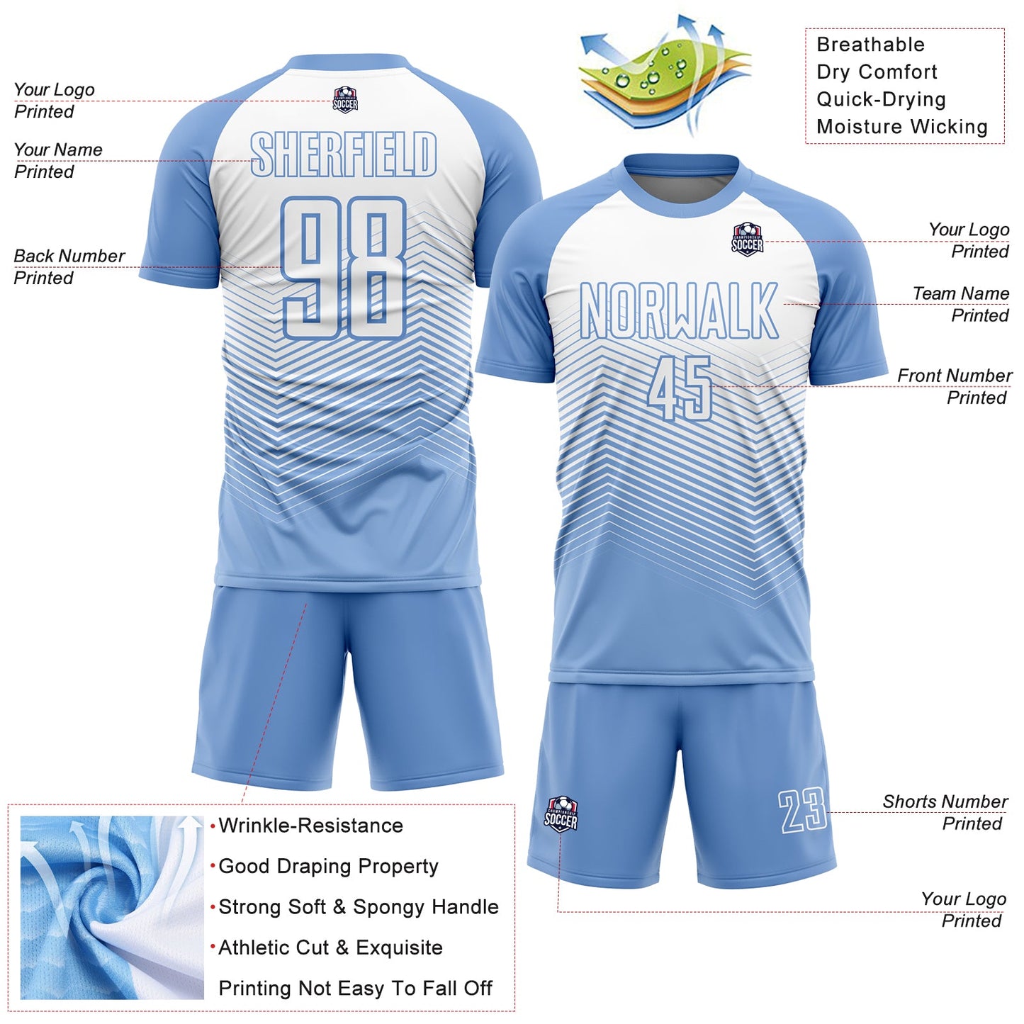 Custom Light Blue White Lines Sublimation Soccer Uniform Jersey - Sky-Custom
