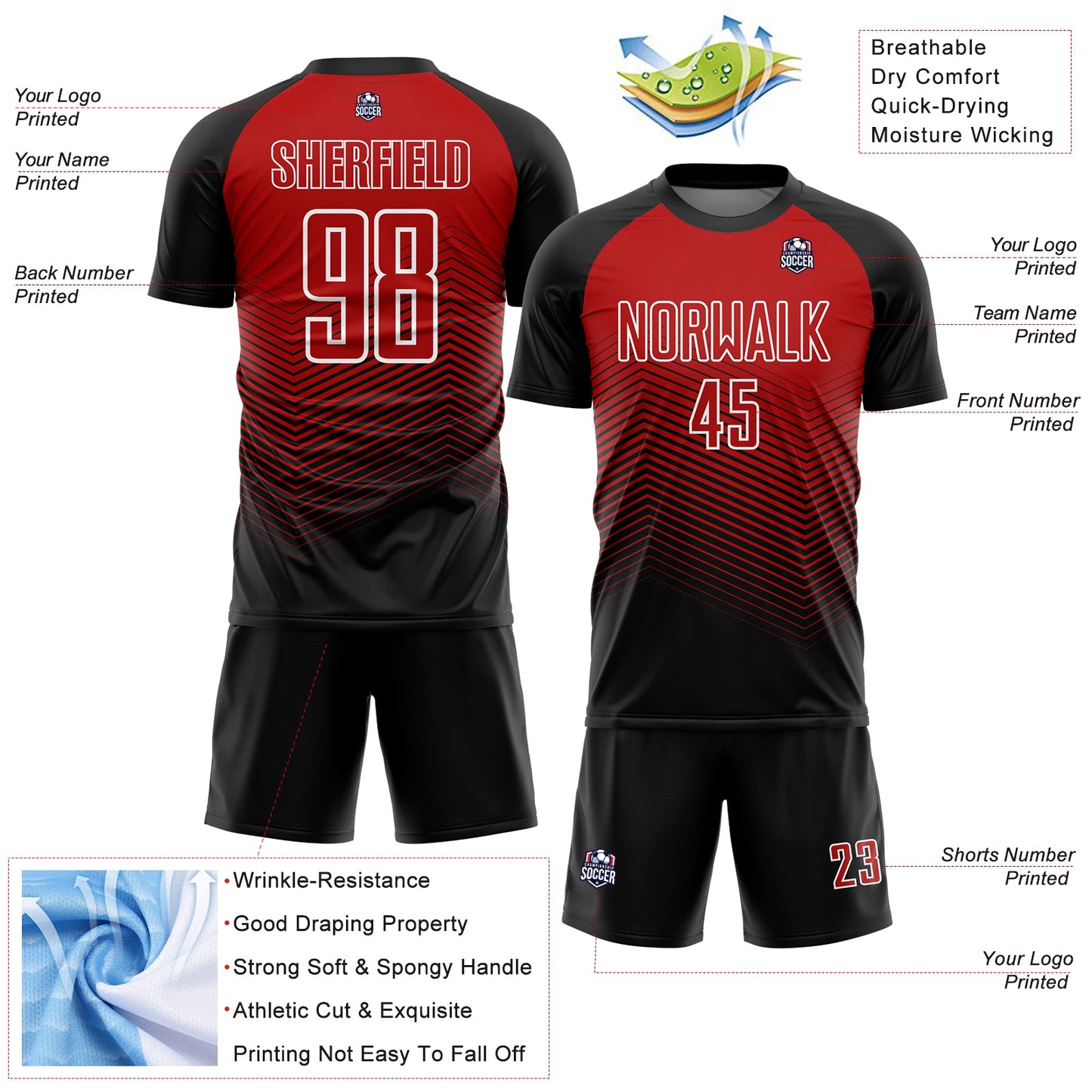 Custom Black Red-White Lines Sublimation Soccer Uniform Jersey - Sky-Custom
