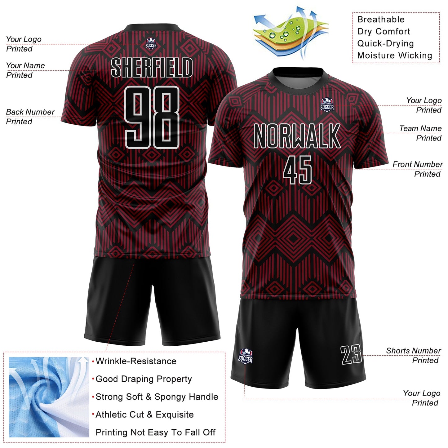 Custom Crimson Black-White Abstract Geometric Shapes Sublimation Soccer Uniform Jersey - Sky-Custom
