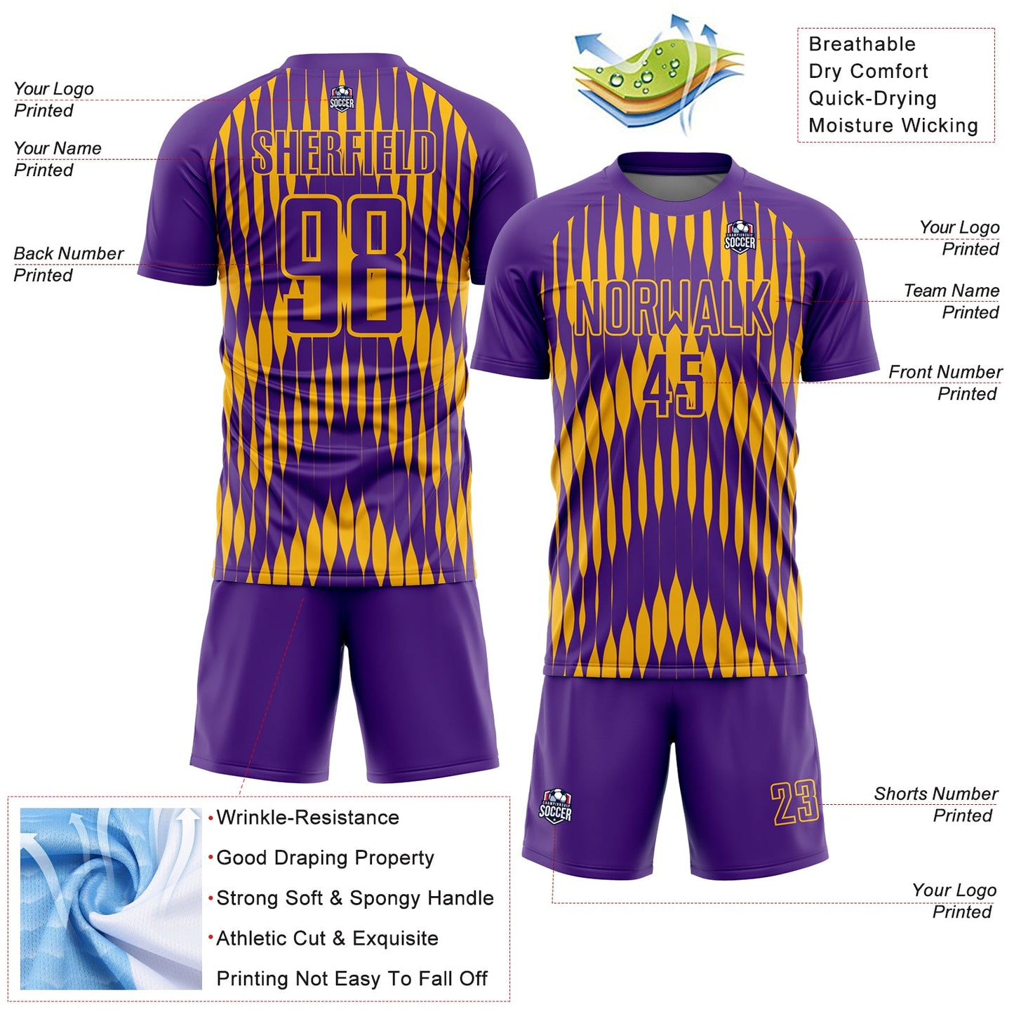Custom Purple Gold Abstract Triangle Sublimation Soccer Uniform Jersey - Sky-Custom