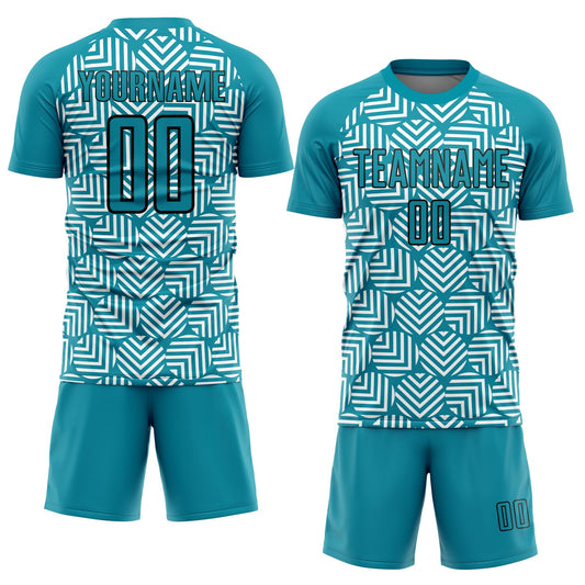 Custom Teal Black Abstract Geometric Shapes Sublimation Soccer Uniform Jersey - Sky-Custom