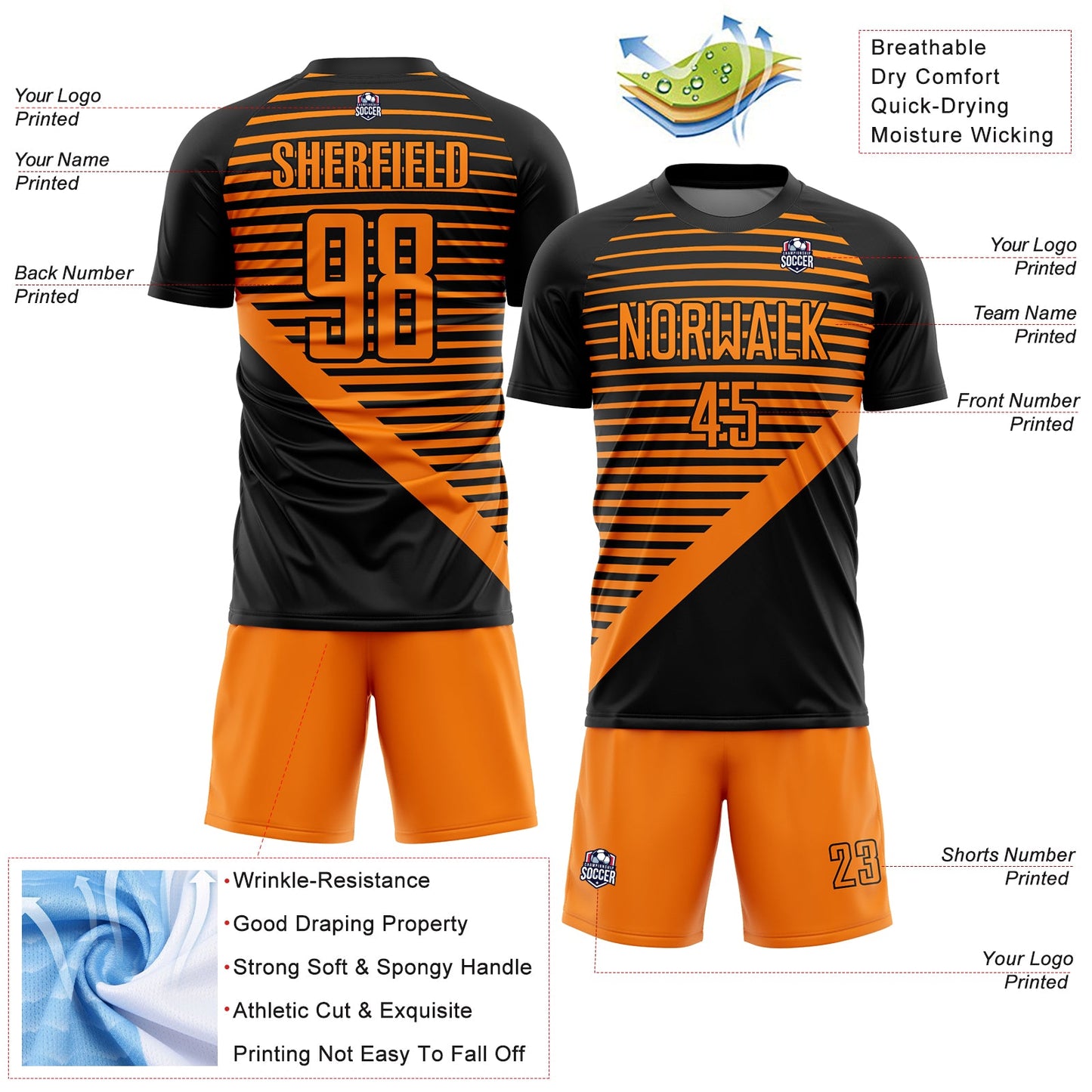 Custom Black Bay Orange Stripes Sublimation Soccer Uniform Jersey - Sky-Custom