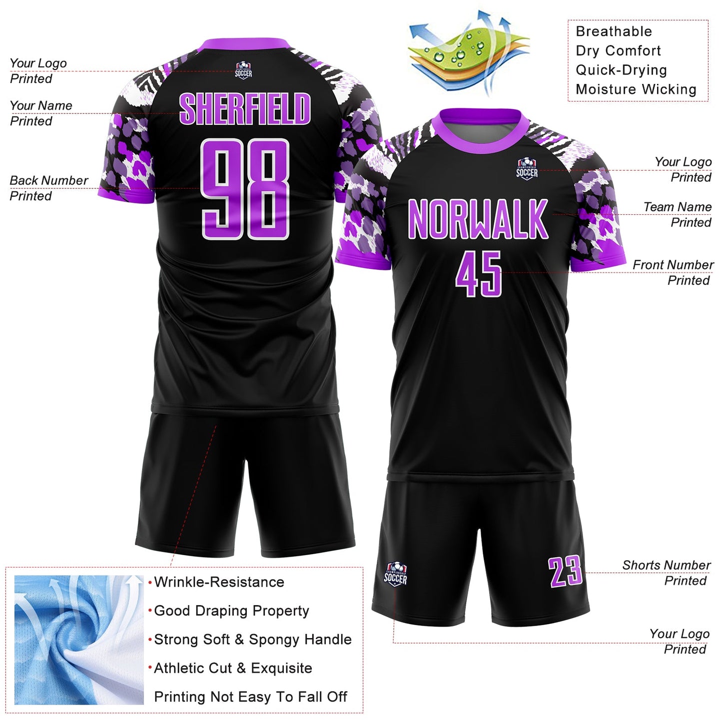 Custom Black Purple-White Animal Print Sublimation Soccer Uniform Jersey - Sky-Custom