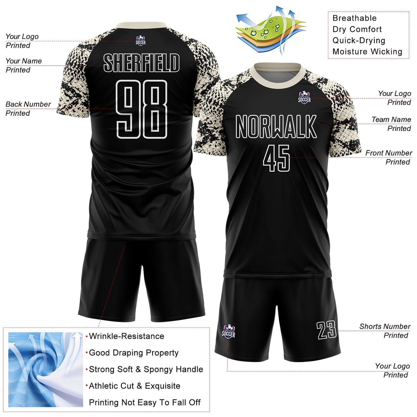 Custom Black Cream-White Snake Skin Sublimation Soccer Uniform Jersey - Sky-Custom