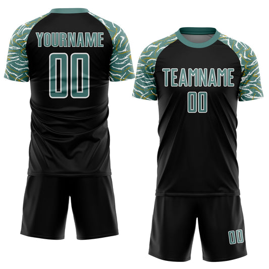 Custom Black Midnight Green-White Curved And Wavy Lines Sublimation Soccer Uniform Jersey - Sky-Custom