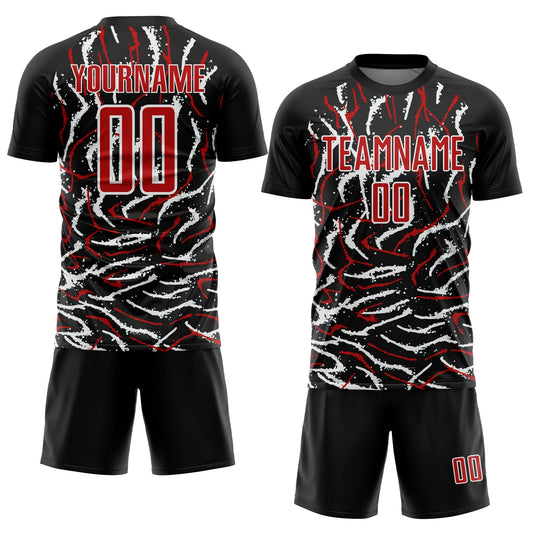 Custom Black Red-White Curved And Wavy Lines Sublimation Soccer Uniform Jersey - Sky-Custom