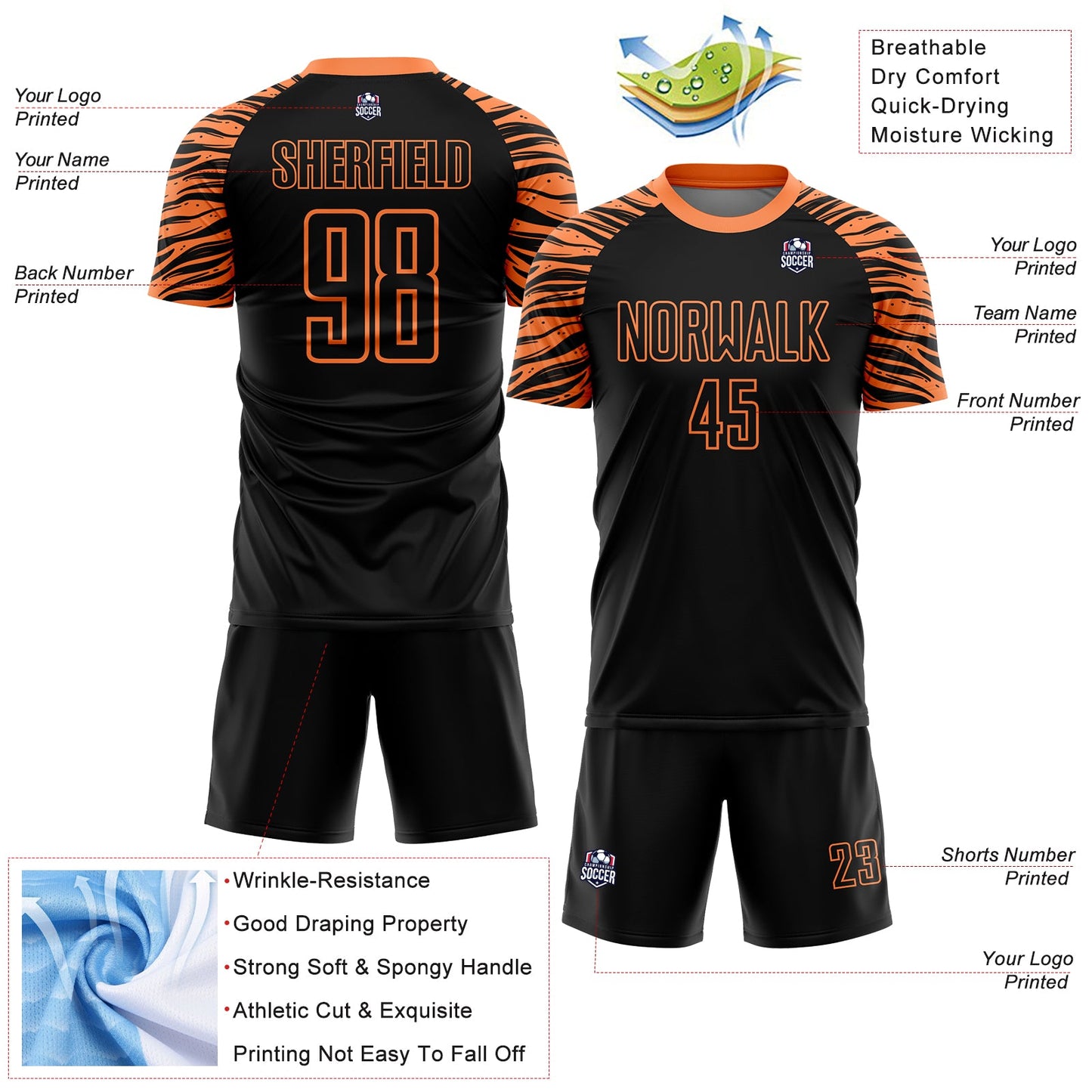 Custom Black Orange Tiger Stripes Sublimation Soccer Uniform Jersey - Sky-Custom