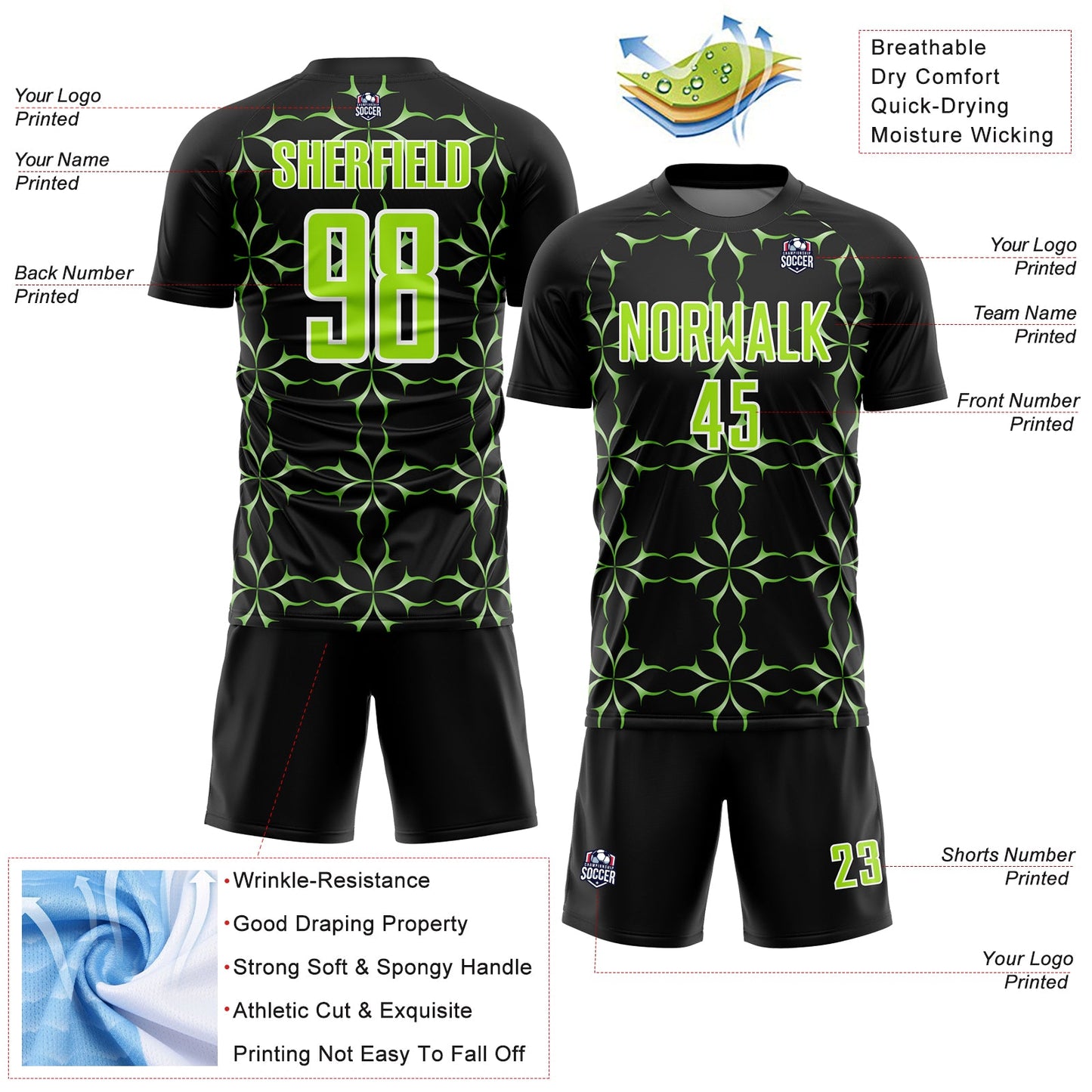 Custom Black Neon Green-White Damask Pattern Sublimation Soccer Uniform Jersey - Sky-Custom