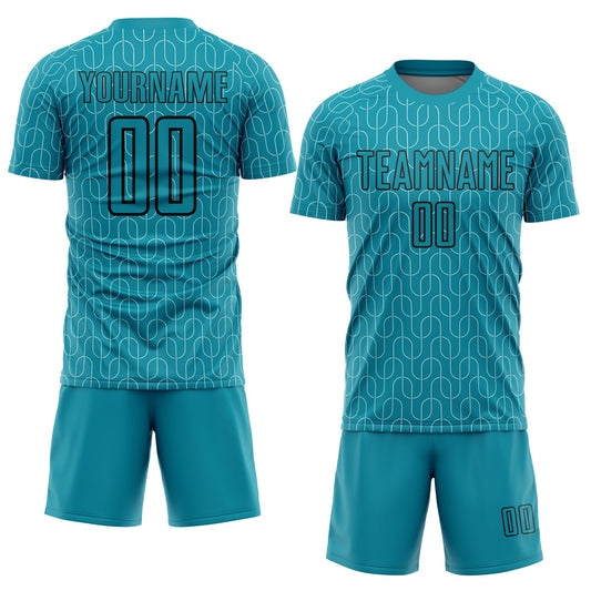 Custom Teal Black Geometric Pattern Sublimation Soccer Uniform Jersey - Sky-Custom