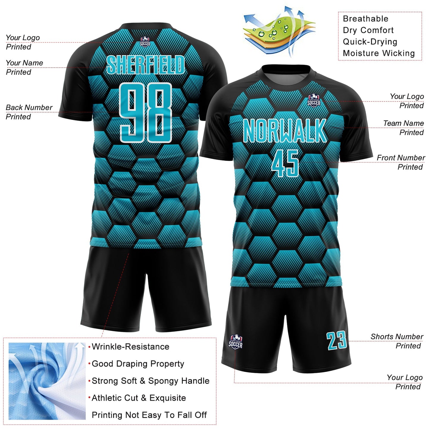 Custom Black Lakes Blue-White Hexagons Pattern Sublimation Soccer Uniform Jersey - Sky-Custom