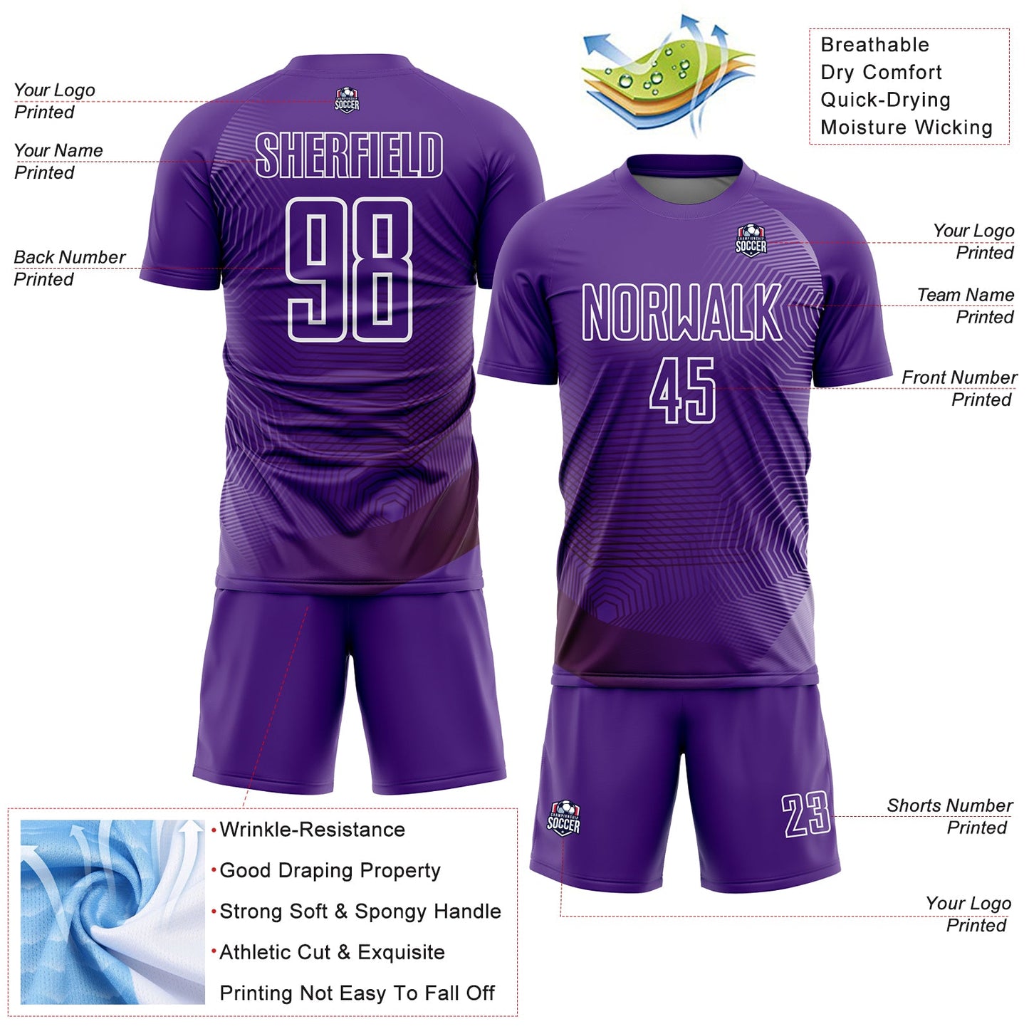 Custom Purple White Geometric Lines Sublimation Soccer Uniform Jersey - Sky-Custom