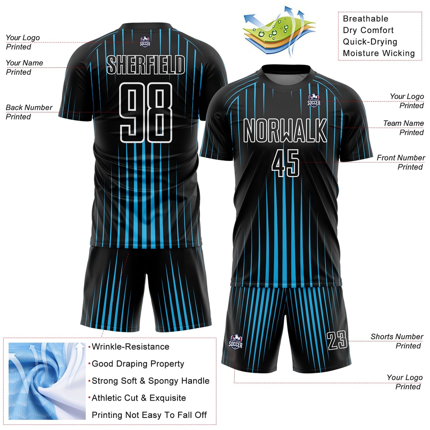 Custom Black Sky Blue-White Lines Sublimation Soccer Uniform Jersey - Sky-Custom