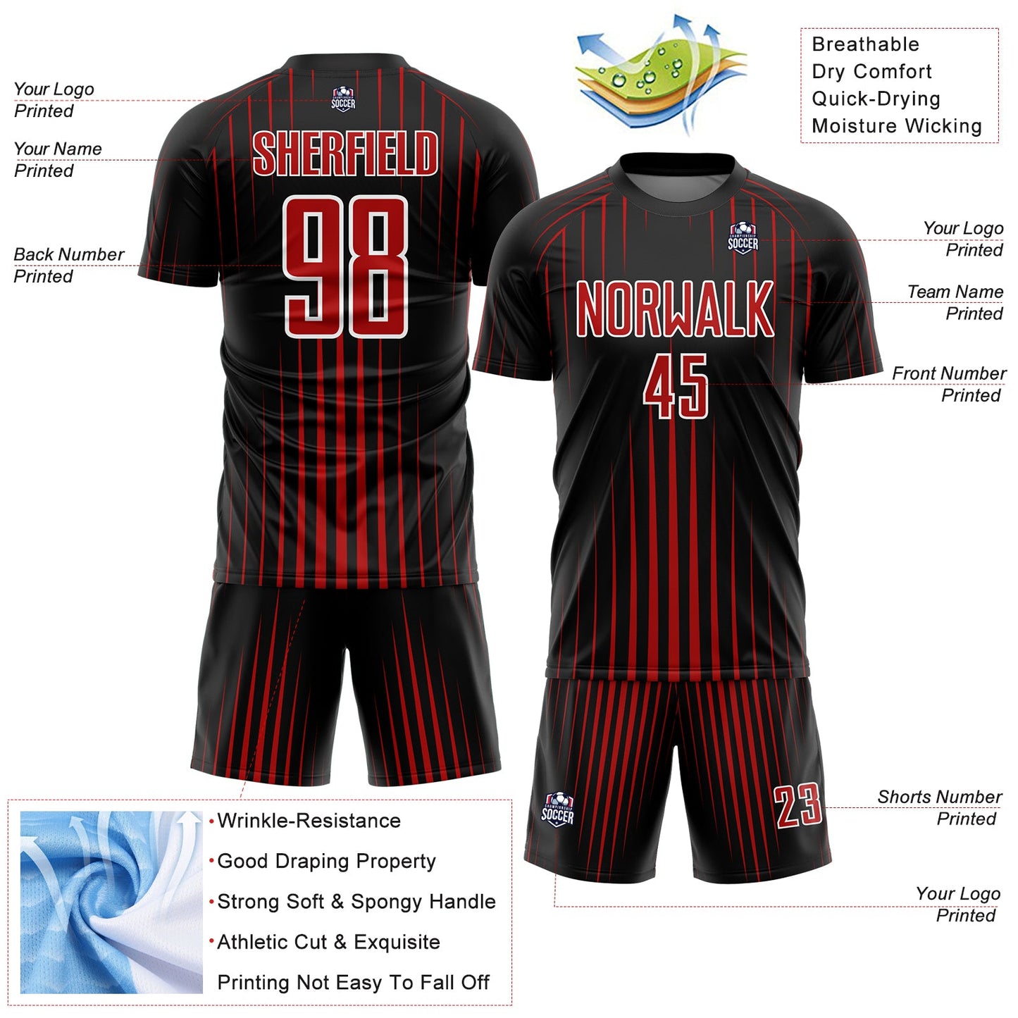 Custom Black Red-White Lines Sublimation Soccer Uniform Jersey - Sky-Custom