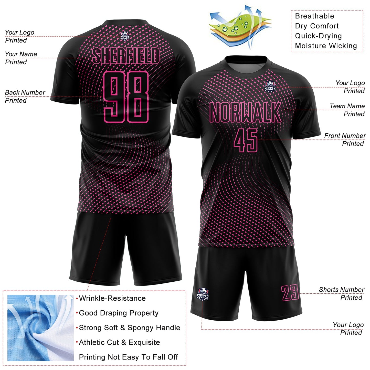 Custom Black Pink Geometric Lines Sublimation Soccer Uniform Jersey - Sky-Custom
