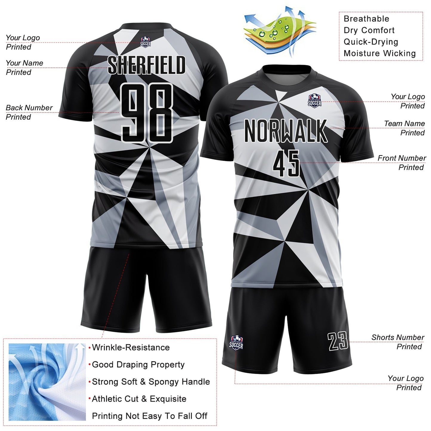 Custom Black White Geometric Pattern Sublimation Soccer Uniform Jersey - Sky-Custom