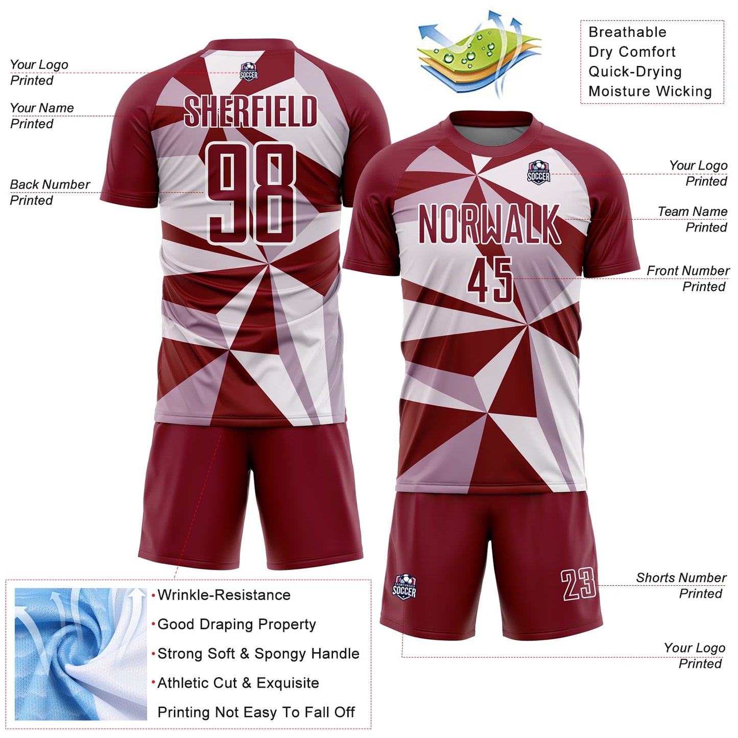 Custom Crimson White Geometric Pattern Sublimation Soccer Uniform Jersey - Sky-Custom