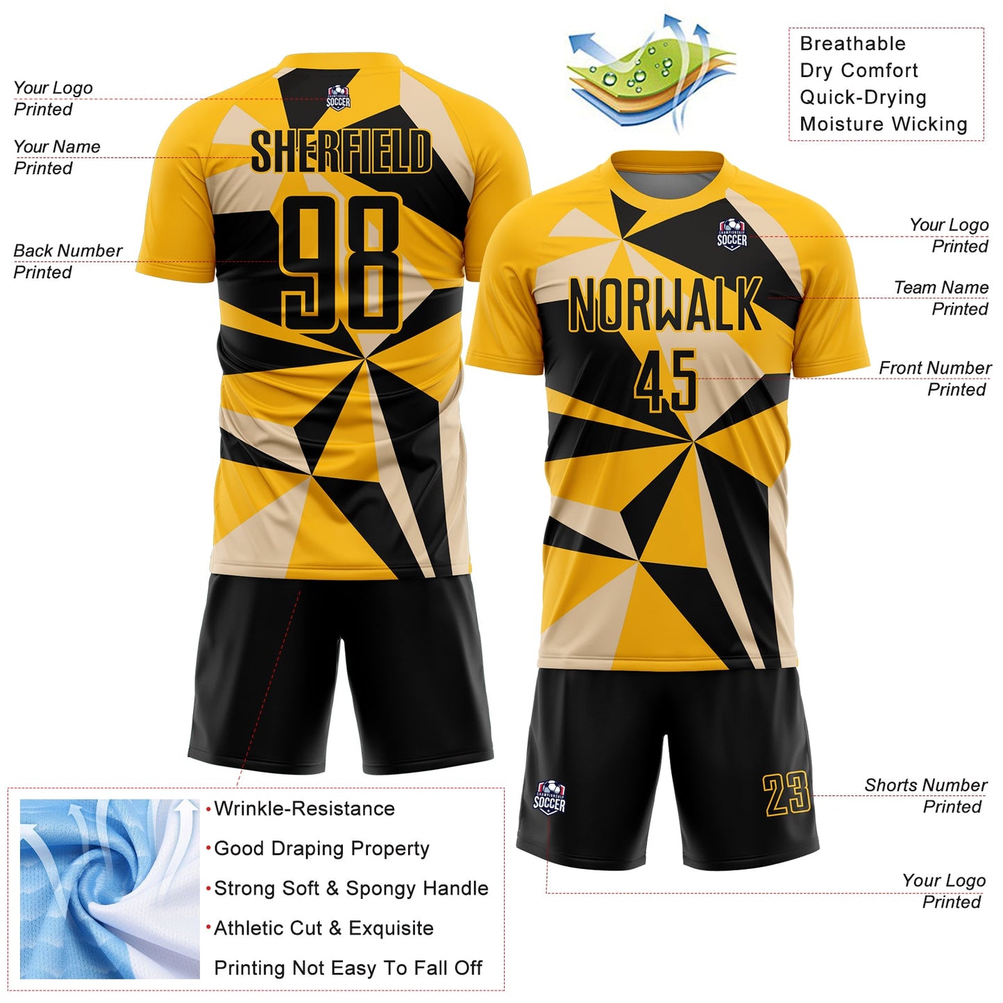 Custom Gold Black Geometric Pattern Sublimation Soccer Uniform Jersey - Sky-Custom