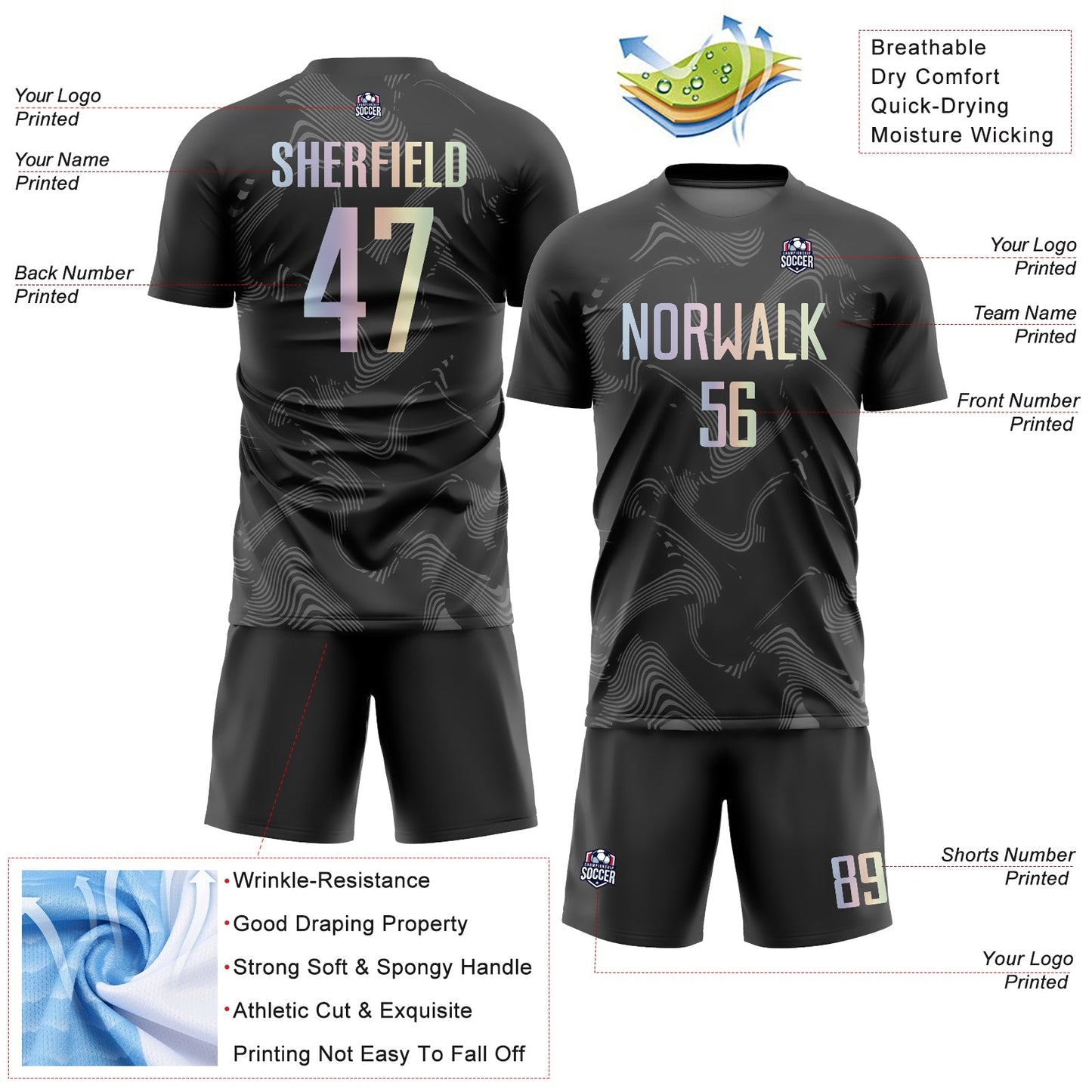 Custom Black Gradient-Gray Curve Lines Sublimation Soccer Uniform Jersey - Sky-Custom