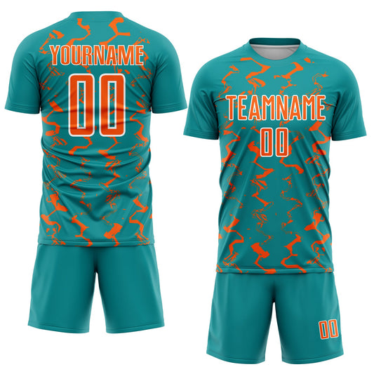 Custom Teal Orange-White Abstract Lines Sublimation Soccer Uniform Jersey - Sky-Custom