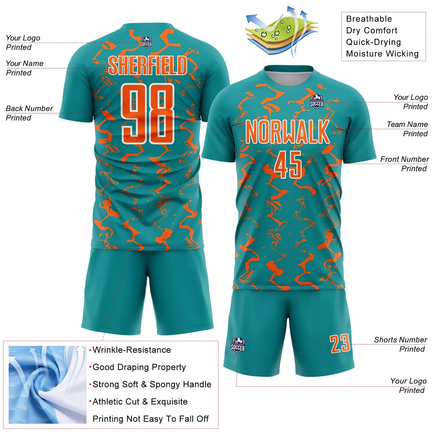Custom Teal Orange-White Abstract Lines Sublimation Soccer Uniform Jersey - Sky-Custom