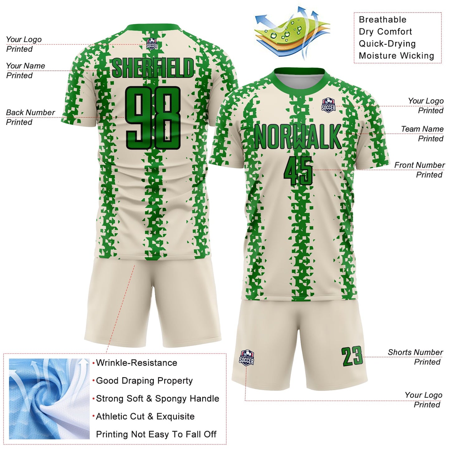 Custom Cream Grass Green-Black Abstract Geometric Pattern Sublimation Soccer Uniform Jersey - Sky-Custom