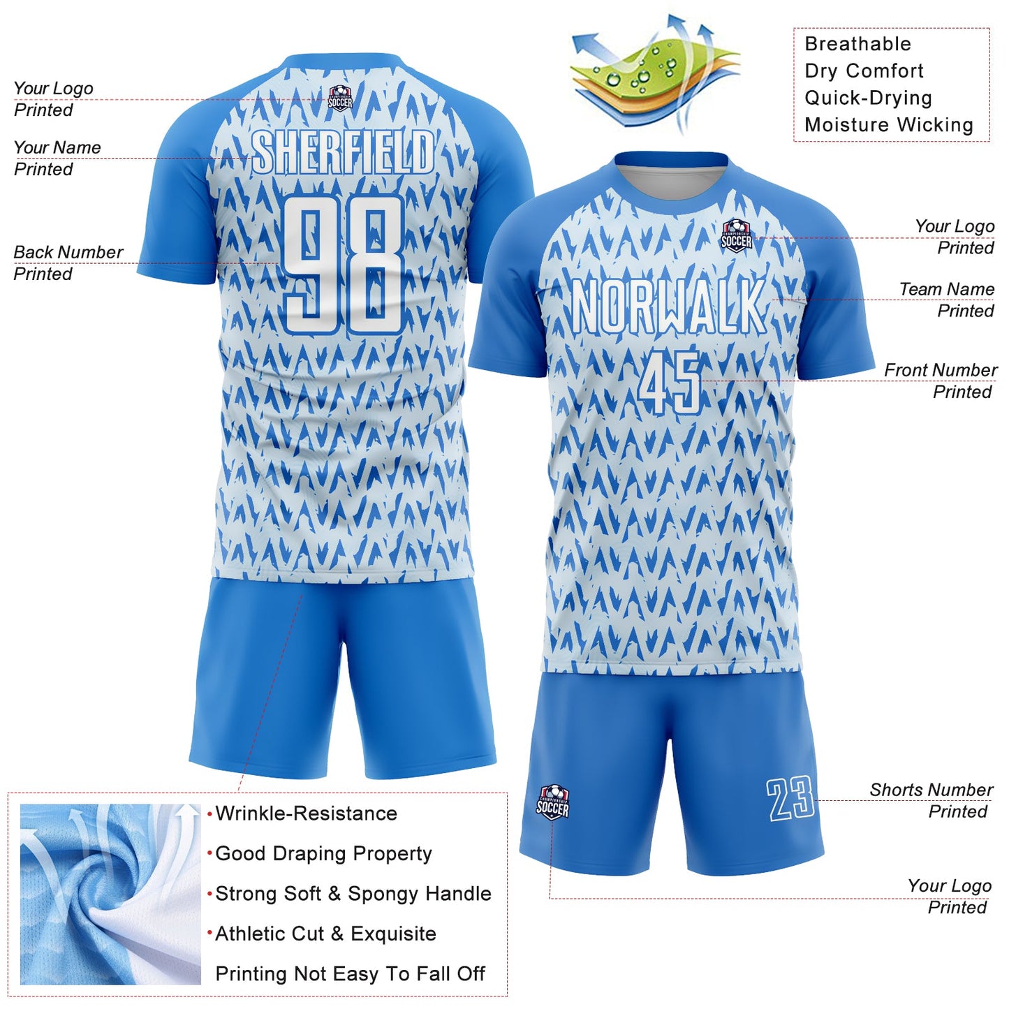 Custom Powder Blue White-Silver Abstract Geometric Pattern Sublimation Soccer Uniform Jersey - Sky-Custom