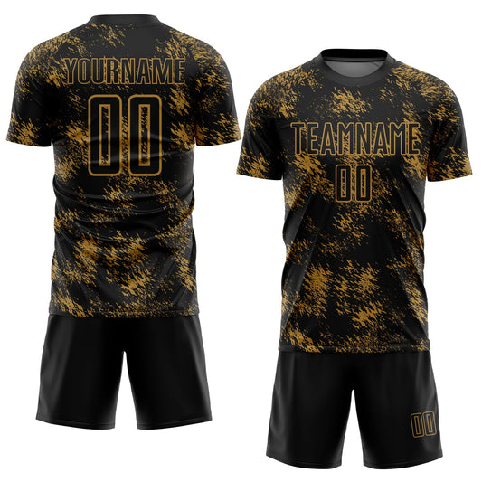 Custom Black Old Gold Abstract Grunge Art Sublimation Soccer Uniform Jersey - Sky-Custom