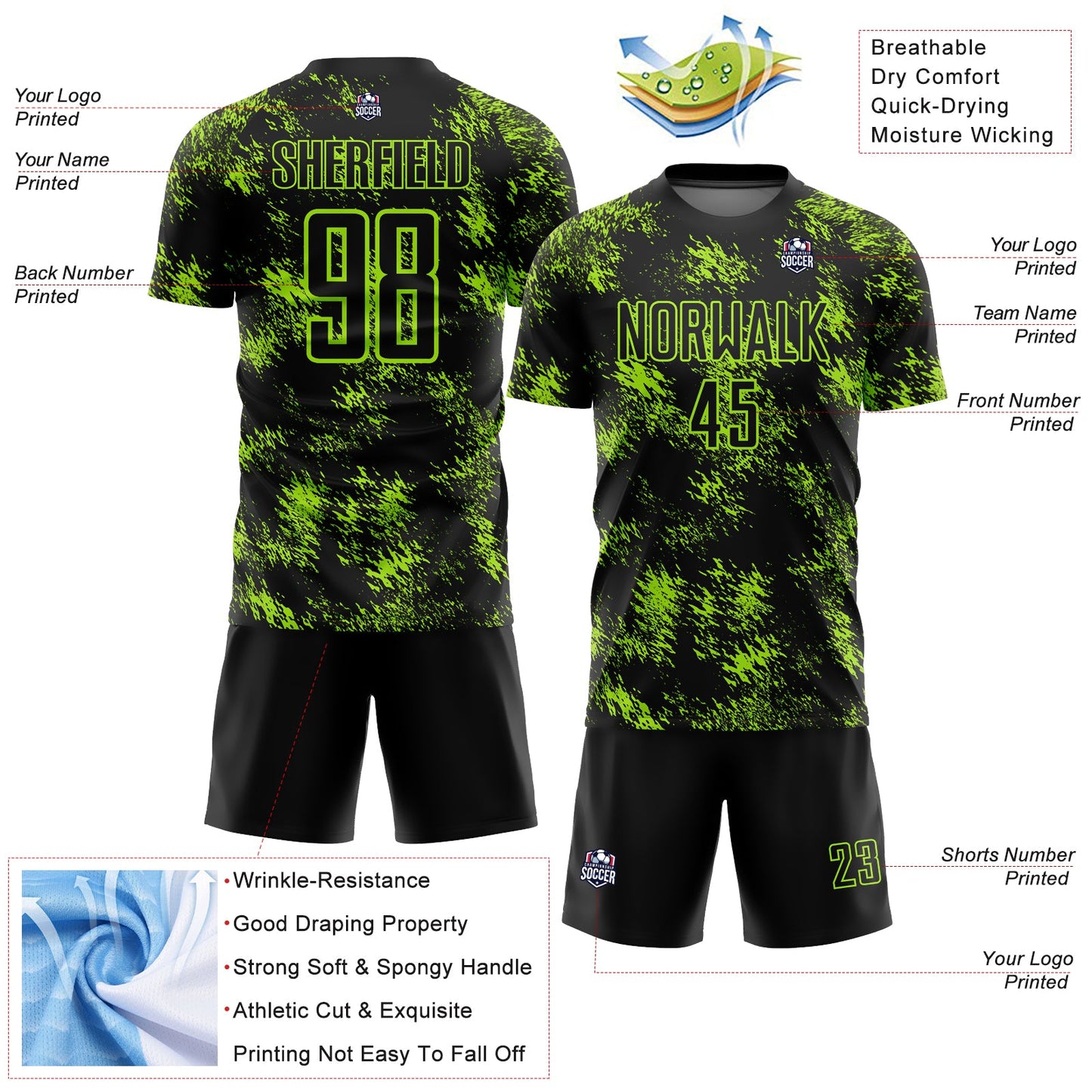 Custom Black Neon Green Abstract Grunge Art Sublimation Soccer Uniform Jersey - Sky-Custom