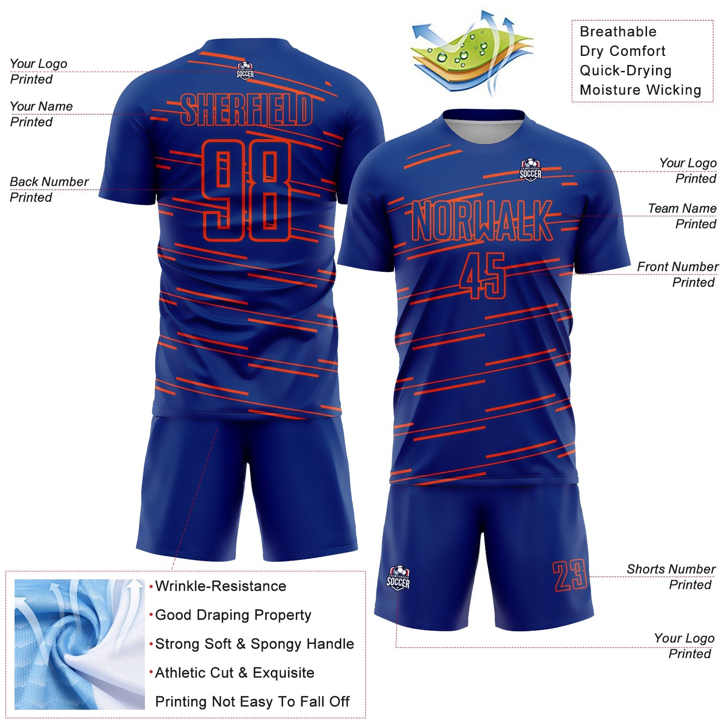 Custom Royal Orange Lines Sublimation Soccer Uniform Jersey - Sky-Custom